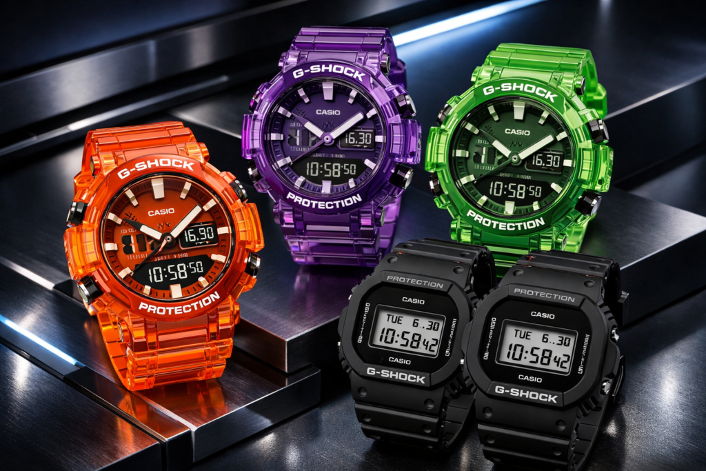 <!DOCTYPE html><html lang="pt-BR">
<head>
<meta charset="UTF-8">
<meta name="viewport" content="width=device-width, initial-scale=1.0">
<meta name="description" content="Descubra os lançamentos de relógios G-Shock em 2026. Conheça os modelos mais inovadores, suas características e preços aproximados. Futurismo, arte e resistência em um só lugar.">
<meta name="keywords" content="G-Shock, relógios, Casio, lançamentos 2026, relógios resistentes, design futurista">
<title>G-Shock em 2026: Inovação, Estilo e Resistência Inabalável</title>
<style>
* {
margin: 0;
padding: 0;
box-sizing: border-box;
}
body {
font-family: 'Inter', -apple-system, BlinkMacSystemFont, 'Segoe UI', sans-serif;
line-height: 1.6;
color: #1a1a1a;
background-color: #ffffff;
}
.article-container {
max-width: 900px;
margin: 0 auto;
padding: 40px 20px;
}
.article-header {
margin-bottom: 40px;
border-bottom: 3px solid #d4af37;
padding-bottom: 30px;
}
.article-category {
display: inline-block;
background-color: #f0f0f0;
color: #d4af37;
padding: 8px 16px;
border-radius: 20px;
font-size: 14px;
font-weight: 600;
margin-bottom: 20px;
}
h1 {
font-size: 48px;
font-weight: 700;
margin-bottom: 20px;
line-height: 1.2;
font-family: 'Playfair Display', serif;
}
.article-meta {
font-size: 14px;
color: #666;
margin-top: 15px;
}
h2 {
font-size: 36px;
font-weight: 700;
margin-top: 50px;
margin-bottom: 25px;
color: #1a1a1a;
font-family: 'Playfair Display', serif;
border-left: 4px solid #d4af37;
padding-left: 20px;
}
h3 {
font-size: 24px;
font-weight: 600;
margin-top: 30px;
margin-bottom: 15px;
color: #1a1a1a;
}
p {
margin-bottom: 20px;
font-size: 16px;
line-height: 1.8;
text-align: justify;
}
strong {
color: #1a1a1a;
font-weight: 600;
}
.article-image {
margin: 40px 0;
text-align: center;
}
.article-image img {
max-width: 100%;
height: auto;
border-radius: 8px;
box-shadow: 0 10px 30px rgba(0, 0, 0, 0.1);
}
.article-image figcaption {
font-size: 14px;
color: #666;
margin-top: 15px;
font-style: italic;
}
table {
width: 100%;
border-collapse: collapse;
margin: 40px 0;
box-shadow: 0 4px 12px rgba(0, 0, 0, 0.08);
border-radius: 8px;
overflow: hidden;
}
table th {
background-color: #d4af37;
color: #1a1a1a;
padding: 18px;
text-align: left;
font-weight: 600;
font-size: 14px;
}
table td {
padding: 16px 18px;
border-bottom: 1px solid #e5e5e5;
font-size: 15px;
}
table tr:nth-child(even) {
background-color: #f8f8f8;
}
table tr:hover {
background-color: #f0f0f0;
}
.table-note {
font-size: 12px;
color: #999;
font-style: italic;
margin-top: 15px;
}
.highlights-grid {
display: grid;
grid-template-columns: repeat(auto-fit, minmax(250px, 1fr));
gap: 25px;
margin: 40px 0;
}
.highlight-card {
padding: 25px;
background-color: #f8f8f8;
border-left: 4px solid #d4af37;
border-radius: 4px;
transition: all 0.3s ease;
}
.highlight-card:hover {
box-shadow: 0 8px 20px rgba(0, 0, 0, 0.1);
transform: translateY(-4px);
}
.highlight-card h3 {
color: #d4af37;
margin-top: 0;
}
.highlight-card p {
color: #666;
margin-bottom: 0;
text-align: left;
}
.conclusion-box {
background: linear-gradient(135deg, #1a1a1a 0%, #2a2a2a 100%);
color: #ffffff;
padding: 40px;
border-radius: 8px;
margin: 50px 0;
}
.conclusion-box h2 {
color: #ffffff;
border-left-color: #d4af37;
}
.conclusion-box p {
color: #e0e0e0;
text-align: left;
}
.cta-section {
text-align: center;
padding: 40px 0;
margin: 50px 0;
border-top: 1px solid #e5e5e5;
border-bottom: 1px solid #e5e5e5;
}
.cta-section h3 {
font-size: 28px;
margin-bottom: 20px;
}
.cta-section p {
font-size: 18px;
color: #666;
margin-bottom: 30px;
}
.btn {
display: inline-block;
background-color: #d4af37;
color: #1a1a1a;
padding: 15px 40px;
border-radius: 4px;
text-decoration: none;
font-weight: 600;
font-size: 16px;
transition: all 0.3s ease;
border: none;
cursor: pointer;
}
.btn:hover {
background-color: #c9a961;
transform: translateY(-2px);
box-shadow: 0 8px 20px rgba(212, 175, 55, 0.3);
}
.references {
margin-top: 50px;
padding-top: 30px;
border-top: 2px solid #e5e5e5;
}
.references h3 {
font-size: 20px;
margin-bottom: 20px;
}
.references ul {
list-style: none;
}
.references li {
margin-bottom: 12px;
}
.references a {
color: #d4af37;
text-decoration: none;
font-weight: 500;
}
.references a:hover {
text-decoration: underline;
}
@media (max-width: 768px) {
h1 {
font-size: 32px;
}
h2 {
font-size: 28px;
}
.highlights-grid {
grid-template-columns: 1fr;
}
table {
font-size: 14px;
}
table th, table td {
padding: 12px;
}
}
</style>
</head>
<body>
<article class="article-container">
<div class="article-header">
<span class="article-category">LANÇAMENTOS 2026</span>
<h1>G-Shock em 2026: Inovação, Estilo e a Resistência que Conquista o Mundo</h1>
<div class="article-meta">
<strong>Publicado em:</strong> 24 de março de 2026 | <strong>Categoria:</strong> Relógios | <strong>Tempo de leitura:</strong> 8 minutos
</div>
</div><p>
No universo da relojoaria, poucos nomes ressoam com tanta força e confiabilidade quanto <strong>G-Shock</strong>. Sinônimo de durabilidade inabalável e design que desafia o tempo, a Casio continua a redefinir o que um relógio de pulso pode ser. Em 2026, a marca não apenas mantém sua reputação lendária, mas também surpreende com inovações que cativam tanto os entusiastas de longa data quanto uma nova geração de admiradores. Prepare-se para descobrir os <strong>últimos lançamentos G-Shock</strong>, as tendências que estão moldando o futuro e como esses relógios se tornaram verdadeiros ícones de estilo e funcionalidade.
</p><h2>G-Shock x Joshua Vides: A Arte Encontra a Resistência</h2><p>
Uma das colaborações mais comentadas de 2026 é a parceria entre a G-Shock e o renomado artista gráfico Joshua Vides. Conhecido por seu estilo único que transforma objetos tridimensionais em desenhos 2D com contornos ousados, Vides aplicou sua visão ao clássico <strong>DW5600JV-7</strong>. O resultado é um relógio que parece ter saído diretamente de uma história em quadrinhos, com linhas pretas desenhadas à mão sobre uma resina branca, criando um efeito visual impressionante e minimalista.
</p><div class="article-image">
<img data-lazyloaded=